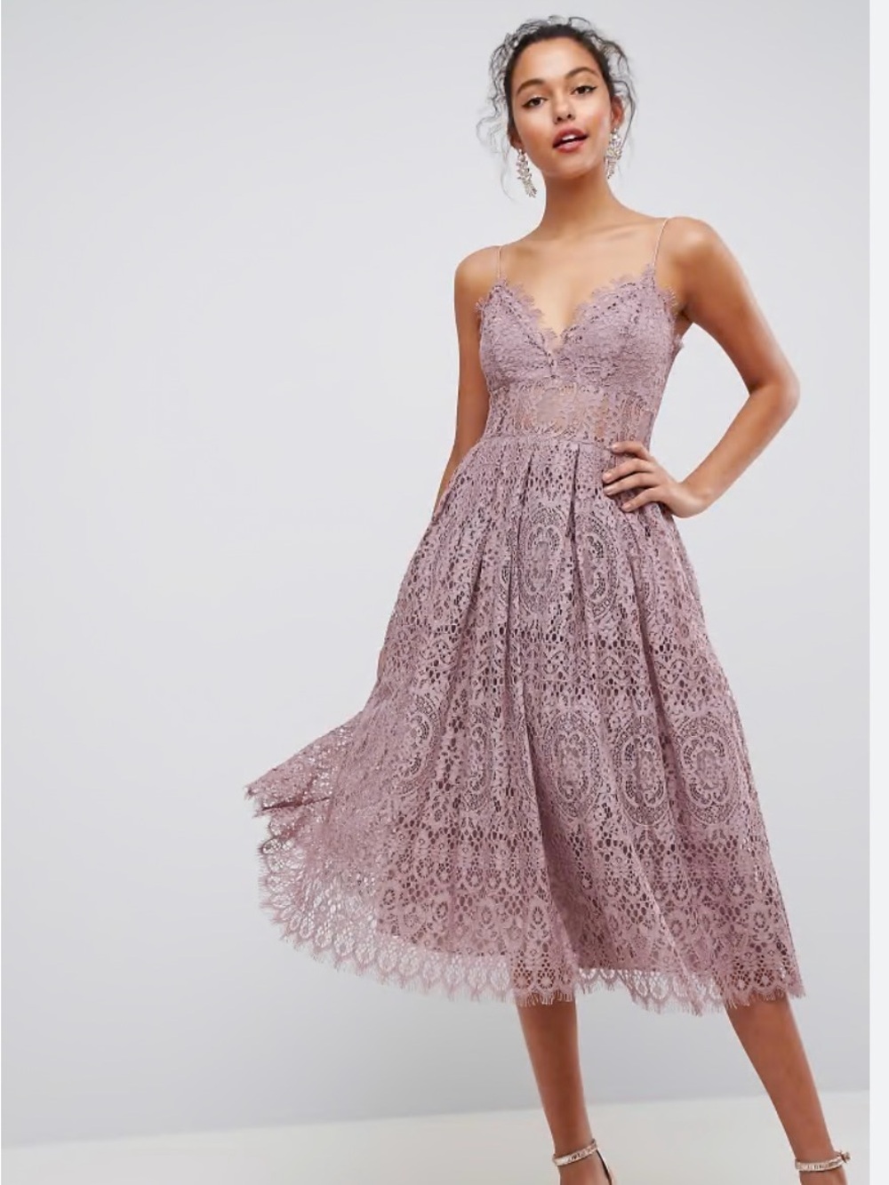 ASOS Dusty Mauve Lace Midi Dress with Spaghetti Straps